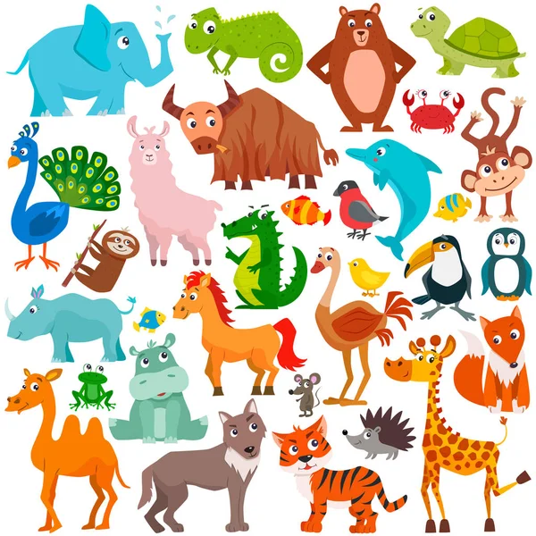 Gran conjunto de animales de dibujos animados lindos. Ilustración vectorial. — Vector de stock