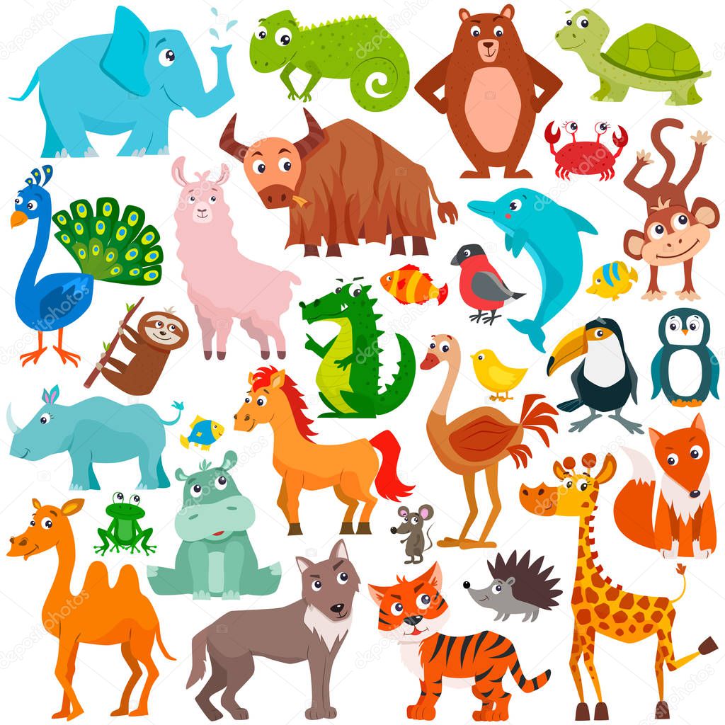 Big set of cute cartoon animals. Vector illustration.