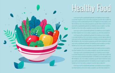 Bir kase dolusu sebze vektör illüstrasyonu. Sağlıklı yaşam tarzı kavramı. Sağlıklı beslenme.