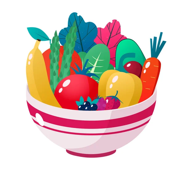 野菜、果物、ベリーベクトルイラストがいっぱいのボウル。健康的なライフスタイルのコンセプト。健康的な食事. — ストックベクタ