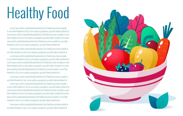 Ένα μπολ γεμάτο με λαχανικά, φρούτα και μούρα απεικόνιση φορέα. Έννοια του υγιεινού τρόπου ζωής. Υγιεινή διατροφή. — Διανυσματικό Αρχείο