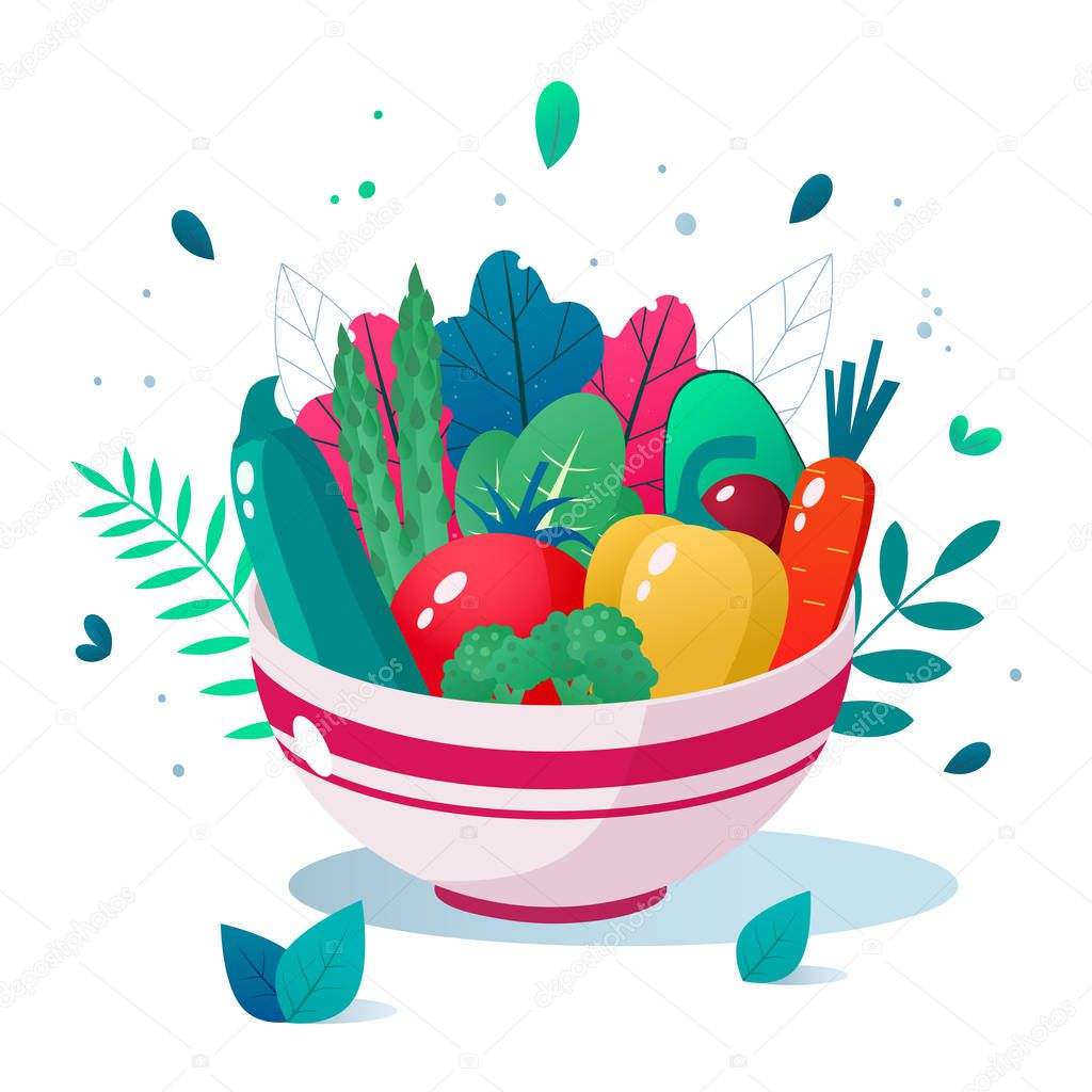 Bowl full of vegetables vector illustration. Healthy lifestyle concept. Healthy eating.