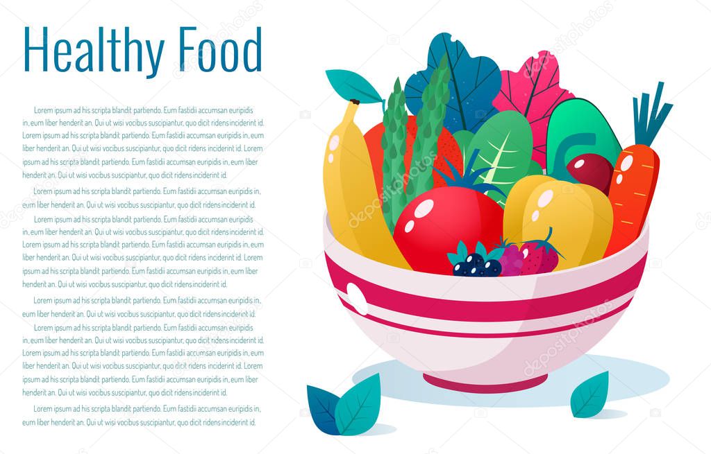 Bowl full of vegetables, fruits and berries vector illustration. Healthy lifestyle concept. Healthy eating.