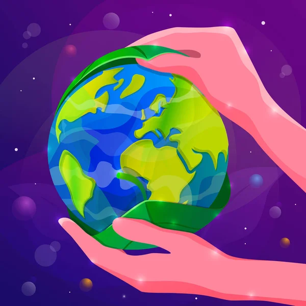 Speichern Sie die Planeten Erde Konzept Vektorillustration. Menschliche Hände bedecken den Planeten mit grünem Blatt. — Stockvektor