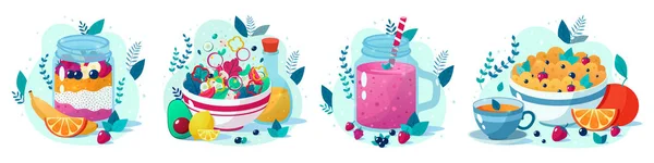 Uppsättning av fyra vacker hälsosam mat vektor illustrationer: Berry smoothie, grönsakssallad, Chia Seed pudding, havregryn med kopp te. Hälsosam kost — Stock vektor