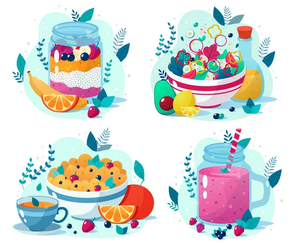 Set of four beatiful healthy food vector illustrations: berry smoothie, vegetable salad, chia seed pudding, oatmeal with cup of tea. Healthy eating — Stock Vector