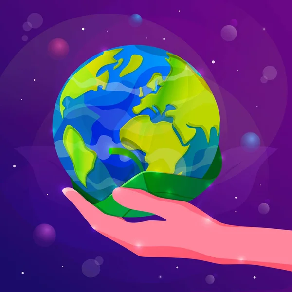 Zapisz ilustracja wektorowa koncepcji Planet Earth. Planeta Ziemia na ludzkiej dłoni — Wektor stockowy