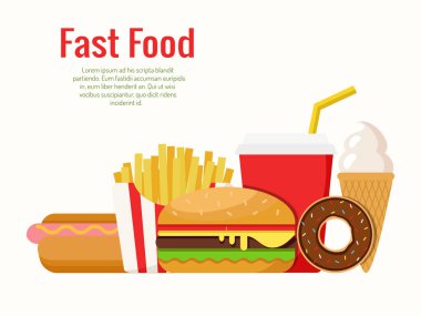 Fast food. Hamburger, çörek, kahve, dondurma ve patates kızartması. Vektör çizimi.