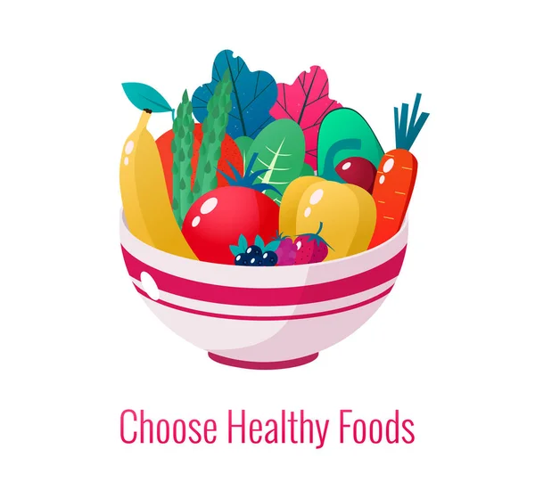 Kom vol met groenten, fruit en bessen vector illustratie. Gezond lifestyle concept. Gezond eten. — Stockvector