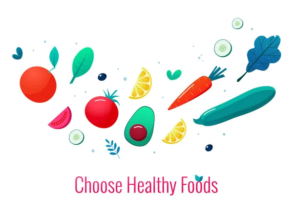 Concept of healthy eating, lifestyle vector illustration. Fruits and vegetables. — Stock Vector