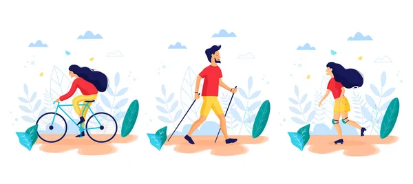 Estilo de vida saludable. Diferentes actividades físicas: patines, caminatas nórdicas. Ilustración vectorial plana . — Vector de stock