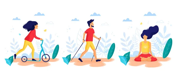 Estilo de vida saludable. Diferentes actividades físicas: patinete scooter, marcha nórdica, meditación. Ilustración vectorial plana . — Vector de stock