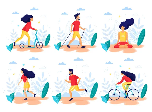 Estilo de vida saludable. Diferentes actividades físicas: patinete scooter, marcha nórdica, meditación, patinaje sobre ruedas, ciclismo, correr. Ilustración vectorial plana . — Vector de stock