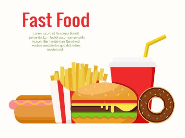 Fast food seti. Hamburger, sosisli, kola, patates kızartması. Vektör çizimi.