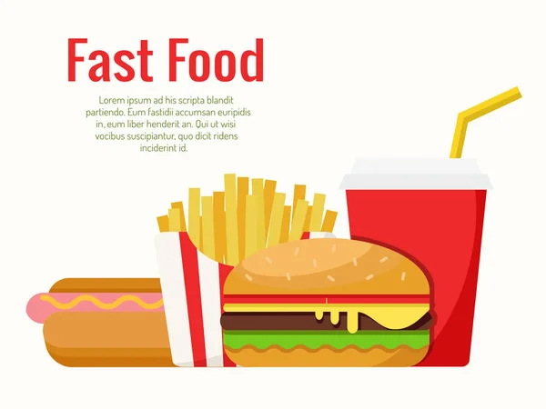 Comida rápida. Hambúrguer, cachorro-quente, cola, batatas fritas. Ilustração vetorial . — Vetor de Stock