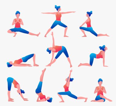Çeşitli yoga pozları. Kadın yoga vektör illüstrasyonu. Sağlıklı yaşam tarzı.