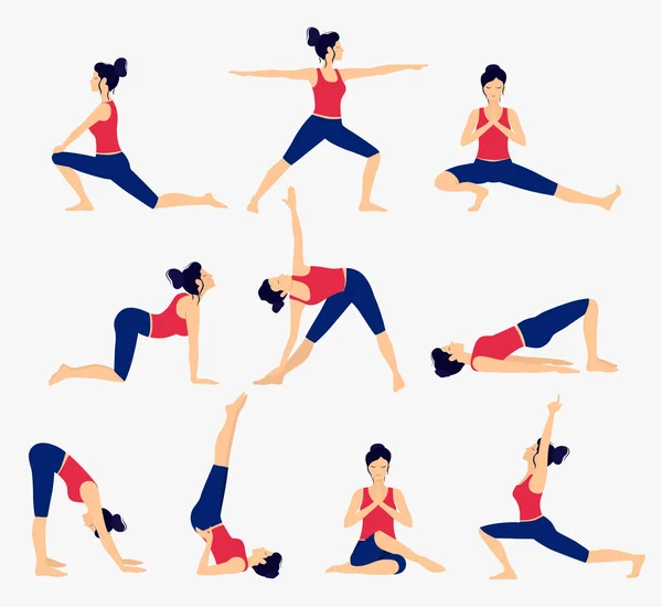 Diversas posturas de yoga. Ilustración de vectores de yoga femenino. Estilo de vida saludable. — Vector de stock