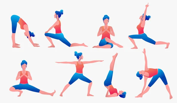 Diversas posturas de yoga. Ilustración de vectores de yoga femenino. Estilo de vida saludable. — Archivo Imágenes Vectoriales