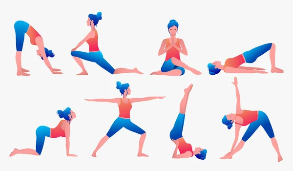 Diversas posturas de yoga. Ilustración de vectores de yoga femenino. Estilo de vida saludable. — Vector de stock