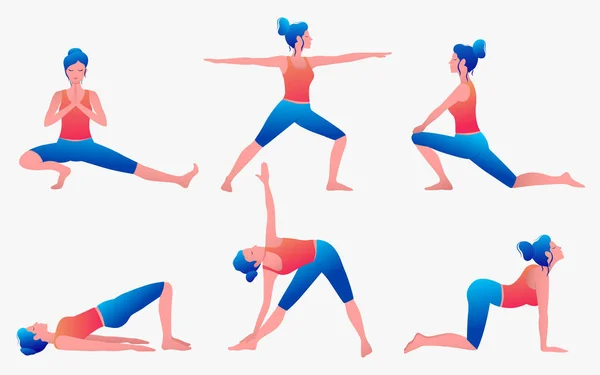 Verschillende yoga poses set. Vrouwelijke yoga vector illustratie. Gezonde levensstijl. — Stockvector