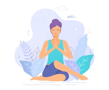 Bir park vektör illüstrasyon Yoga kız. Sağlıklı yaşam tarzı.
