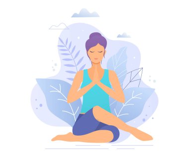 Bir park vektör illüstrasyon Yoga kız. Sağlıklı yaşam tarzı.