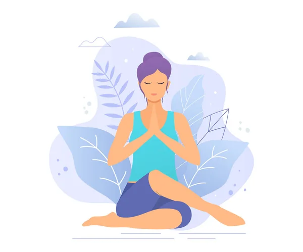 Yoga meisje in een park vector illustratie. Gezonde levensstijl. — Stockvector