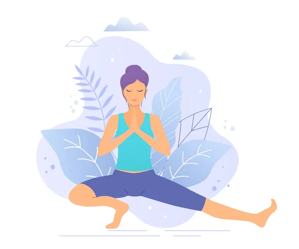 Yoga meisje in een park vector illustratie. Gezonde levensstijl. — Stockvector