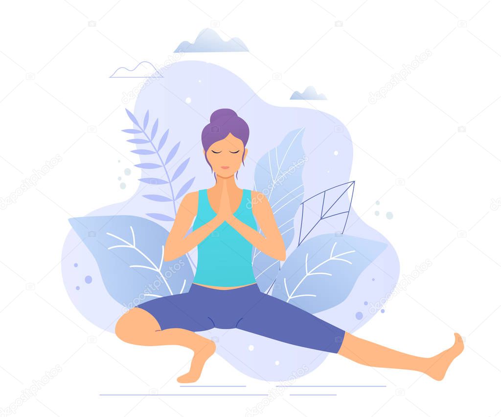 Yoga girl in a park vector illustration. Healthy lifestyle.