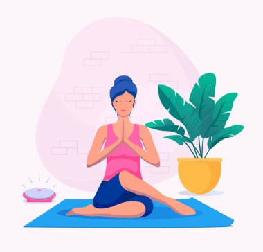 Kadın evde yoga yapıyor vektör illüstrasyonunda. Sağlıklı yaşam tarzı.