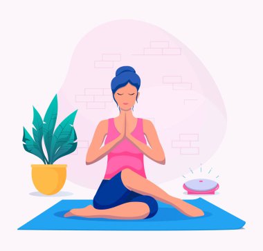 Kadın evde yoga yapıyor vektör illüstrasyonunda. Sağlıklı yaşam tarzı.