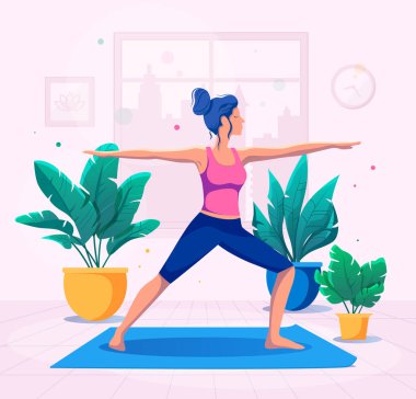 Kadın evde yoga yapıyor vektör illüstrasyonunda. Sağlıklı yaşam tarzı.