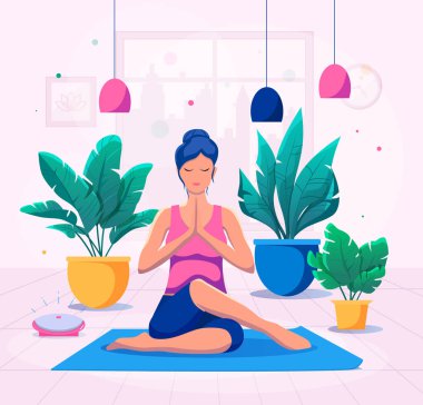 Kadın evde yoga yapıyor vektör illüstrasyonunda. Sağlıklı yaşam tarzı.