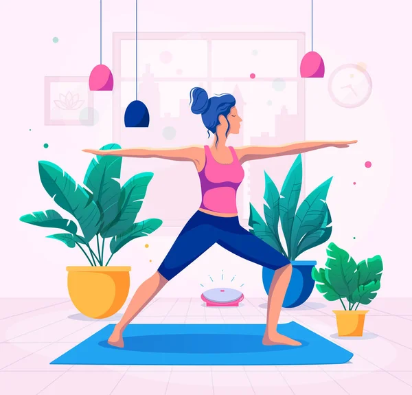 Frau macht Yoga zu Hause Vektor Illustration. Gesunder Lebensstil. — Stockvektor