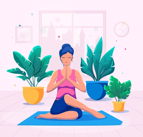 Kadın evde yoga yapıyor vektör illüstrasyonunda. Sağlıklı yaşam tarzı.