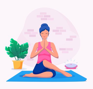 Kadın evde yoga yapıyor vektör illüstrasyonunda. Sağlıklı yaşam tarzı.