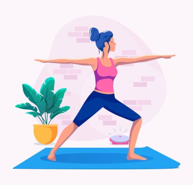 Kadın evde yoga yapıyor vektör illüstrasyonunda. Sağlıklı yaşam tarzı.