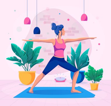 Kadın evde yoga yapıyor vektör illüstrasyonunda. Sağlıklı yaşam tarzı.