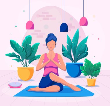 Kadın evde yoga yapıyor vektör illüstrasyonunda. Sağlıklı yaşam tarzı.
