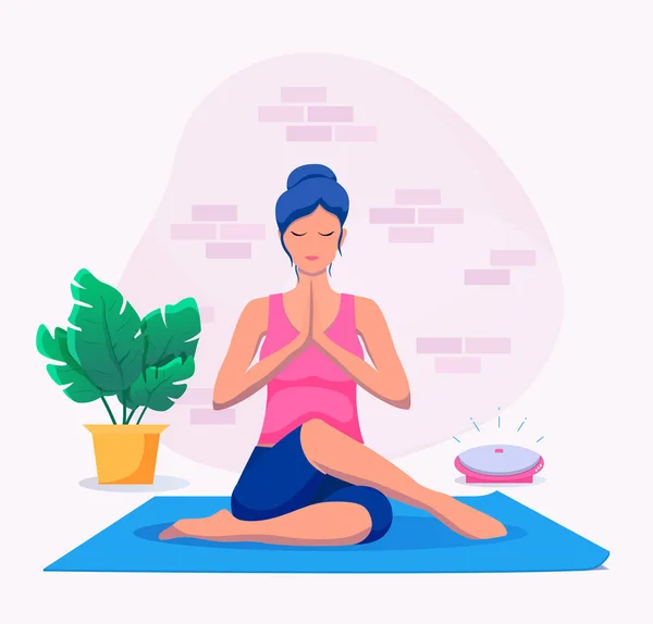 Mujer haciendo yoga en casa ilustración vectorial. Estilo de vida saludable . — Vector de stock