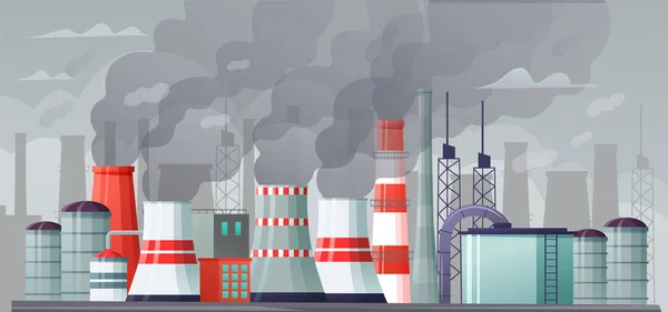 Illustration des Vektors Umweltverschmutzung. Luftverschmutzung, Schadstoffnebel und Industriesmog. Fabriken, die Rauch durch Schornsteine ausstoßen — Stockvektor