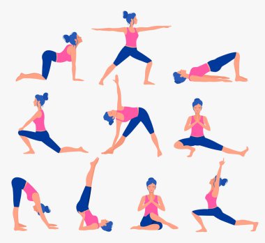 Çeşitli yoga pozları. Kadın yoga vektör illüstrasyonu. Sağlıklı yaşam tarzı.