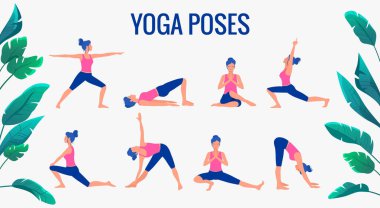 Çeşitli yoga pozları. Kadın yoga vektör illüstrasyonu. Sağlıklı yaşam tarzı.