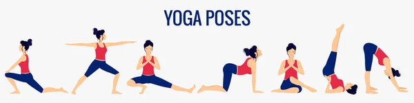 Verschiedene Yoga-Posen gesetzt. Illustration des weiblichen Yoga-Vektors. Gesunder Lebensstil. — Stockvektor