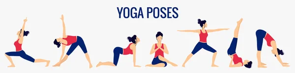 Verschiedene Yoga-Posen gesetzt. Illustration des weiblichen Yoga-Vektors. Gesunder Lebensstil. — Stockvektor