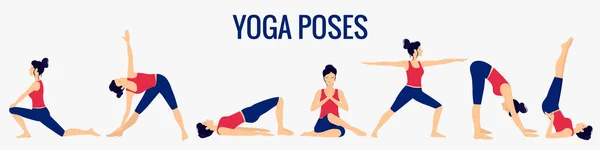 Diversas posturas de yoga. Ilustración de vectores de yoga femenino. Estilo de vida saludable. — Vector de stock