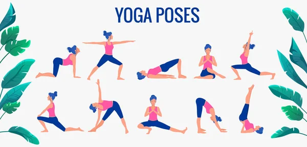 Diversas posturas de yoga. Ilustración de vectores de yoga femenino. Estilo de vida saludable. — Vector de stock