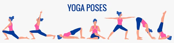 Diversas posturas de yoga. Ilustración de vectores de yoga femenino. Estilo de vida saludable. — Vector de stock