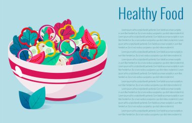 Bir kase dolusu sebze vektör illüstrasyonu. Sebze salatası. Sağlıklı yaşam tarzı kavramı. Sağlıklı beslenme.