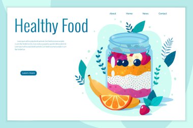 Chia tohumu, çilekli puding vektör illüstrasyonu. Sağlıklı gıda konsepti.